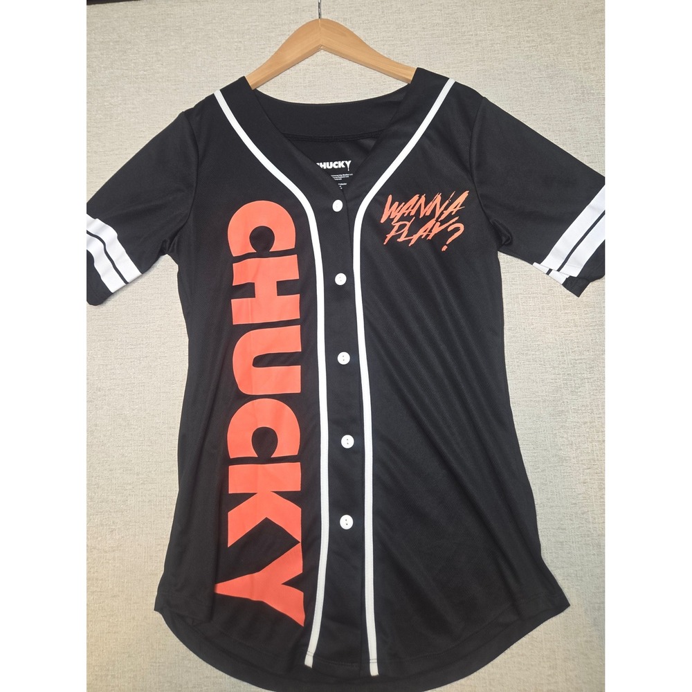Chucky Horror Movie Baseball Jersey Black Orange Wanna Play Tiffany Large